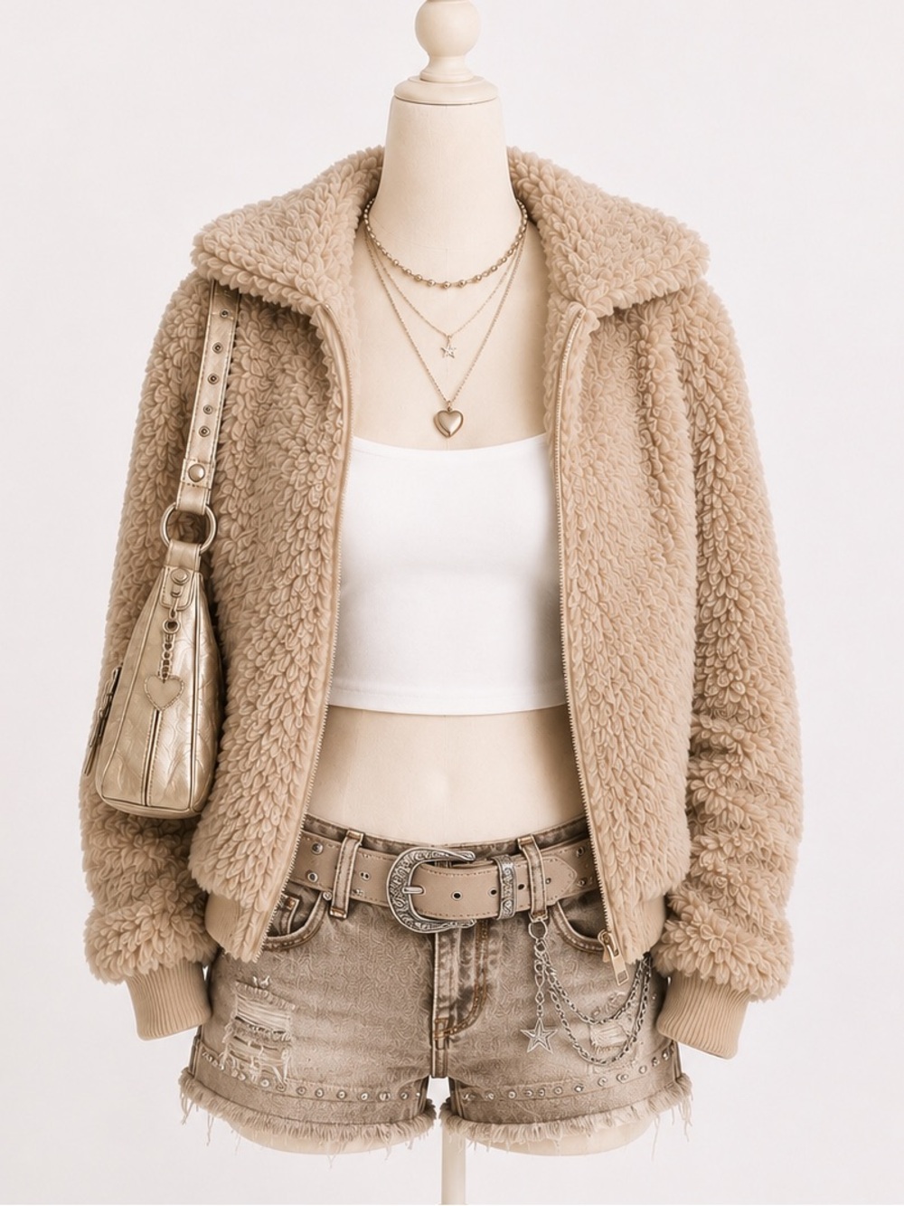 Princess Polly Taupe Beige Sherpa Zip Jacket